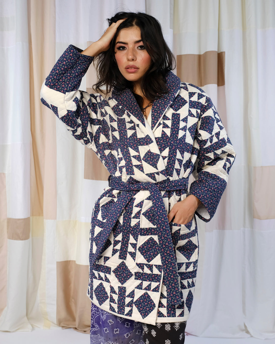 Neutral Stitched Quilt Robe Coat