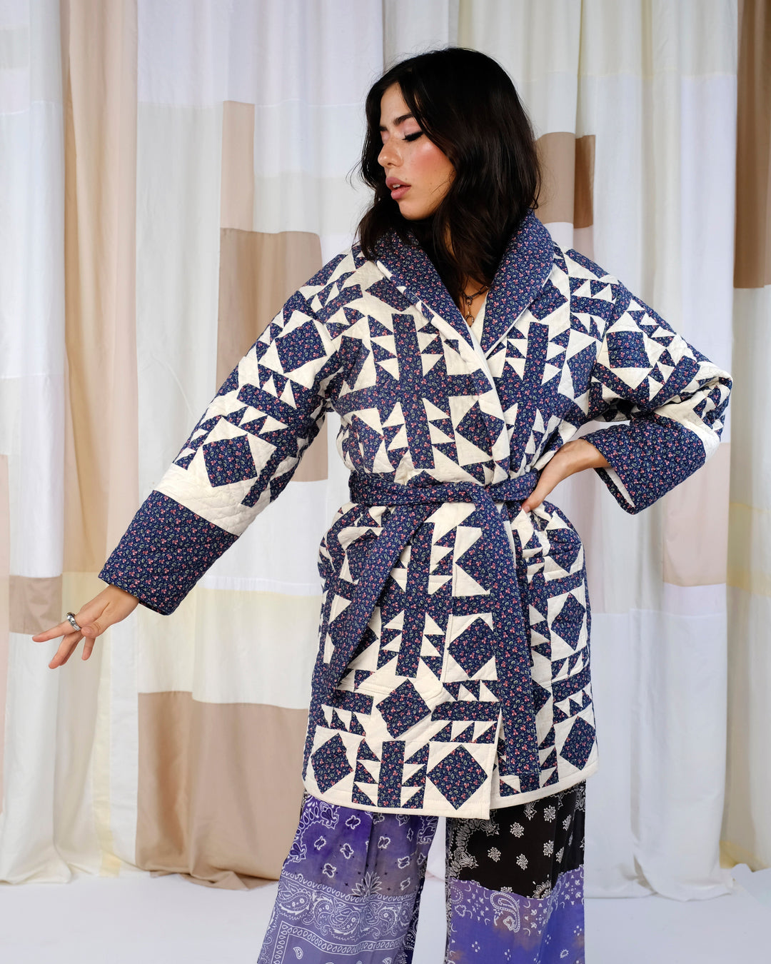 Lavender Cross Stitch Quilt Robe Coat