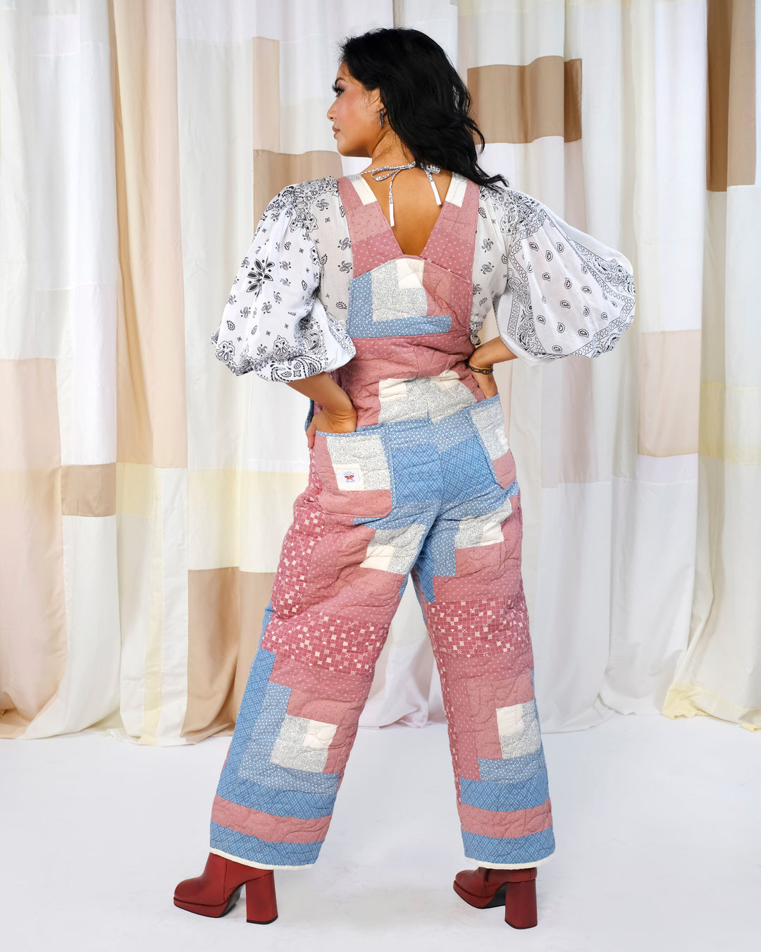 Neutral Stitched Quilt Overalls